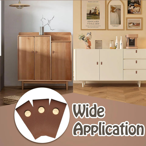 12 Pack Brown Leather Drawer Pulls With Single Hole Mount used on wooden cabinets and dressers, showcasing wide application versatility.