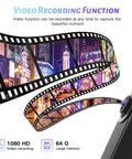 Film strip with city scenes, showcasing the 1080P HD Body Camera With Night Vision And 64GB Card for recording moments.