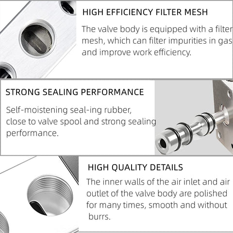 Close-up of Five Way Two Position Hand Lever Pneumatic Valve, showing filter mesh, sealing rubber, and air inlet quality.
