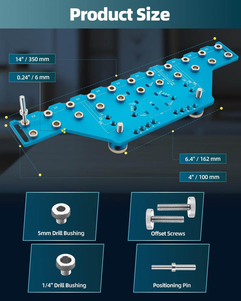 2-In-1 Cabinet Jig With 11-Hole Shelf Pin Guide And Concealed Hinge Drilling Template, All-Metal Build shown with components