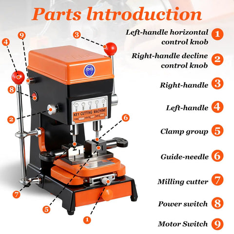 Parts introduction of Badass Vertical Cutter And Duplicator Machine With Adjustable Speed Drill Bits for key cutting.
