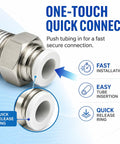 Push To Connect Pneumatic Straight Male Fittings 1/4 Inch Tube OD X 1/4 Inch NPT Thread PC1/4-N02 Pack Of 10 For Air Lines And Pneumatic Tools, Durable Quick Connectors close-up with quick release ring