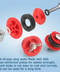 Exploded view of end-of-pipe gripper plug kit in red and black ABS for 2 in and 1-1/2 in pipes, 2-pack.