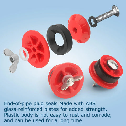 Exploded view of end-of-pipe gripper plug kit in red and black ABS for 2 in and 1-1/2 in pipes, 2-pack.