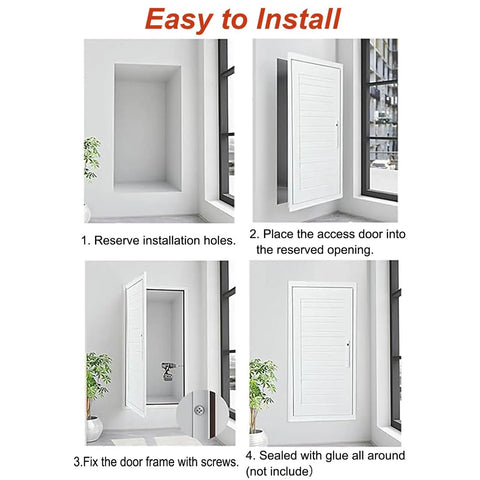 Easy installation steps for Solid Aluminum Access Door For Crawl Spaces And Attics With Heavy Duty Hinges and Dead Nuts Secure Locking Cover.