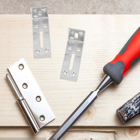 Six Pack Stainless Steel L Shaped Shelf Brackets With Slotted Holes Adjustable Corner Braces on wood with tools