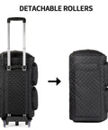 Black rolling carry-on garment bag with detachable rollers, showing conversion to duffle style for versatile travel use.