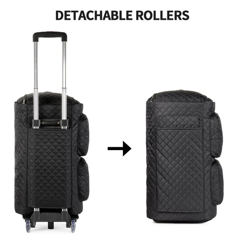 Black rolling carry-on garment bag with detachable rollers, showing conversion to duffle style for versatile travel use.
