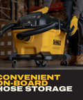Kickass Cordless Wet Dry Shop Vacuum With Sick Suction And Six Gallon Tank For Jobsite Garage Cleanup, featuring convenient hose storage.
