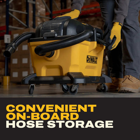 Kickass Cordless Wet Dry Shop Vacuum With Sick Suction And Six Gallon Tank For Jobsite Garage Cleanup, featuring convenient hose storage.