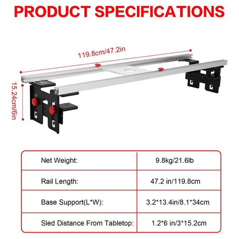 Side view of 48-Inch Trimming And Planing Machine With Reinforced Rails, showing specifications and measurements.