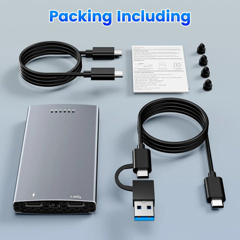 Rock Solid Dual Bay Raid Ssd Enclosure Serving Blazing Fast Twenty Gbps Bandwidth For M2 Nvme Drives with USB cables and instructions.