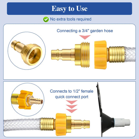 1/2 Inch Quick Connector Hose Adapter For 3/4 Inch Garden Hose RV Spray Port Outlet Brass With PTFE Tape installation diagram