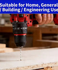 Hand using a drill on a gypsum board for home projects with 50 Pack Drywall Cutting Bits One Eighth Inch Spiral Saw Tip High Speed Steel Guide Point Drill Bits.