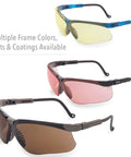 Genesis Safety Glasses With Uvextreme Anti Fog Coating in Vapor Blue Frame, different lens tints and coatings displayed