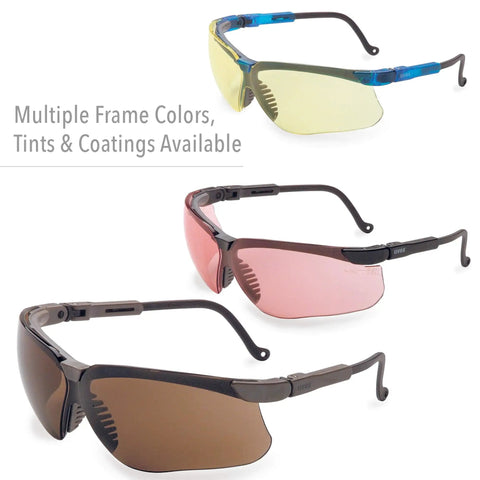 Genesis Safety Glasses With Uvextreme Anti Fog Coating in Vapor Blue Frame, different lens tints and coatings displayed