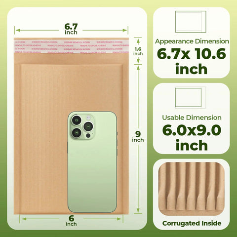 Rigid Kraft Mailers 6x9 Inches Pack 50 Eco Friendly Recyclable Mailers With Corrugated Inside Padded Self Seal Envelopes For Documents CDs Photos Files Postcards Great For Small Biz Shipping, showing dimensions and phone for scale.
