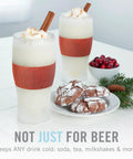 Level Up Your Chill Game With These Freezable Pint Glasses Double Walled Insulated Tumblers That Keep Beer And Iced Coffee Straight Frosty Built To Last Set Of Two Wooden Handles, featuring frosty drinks and cookies.