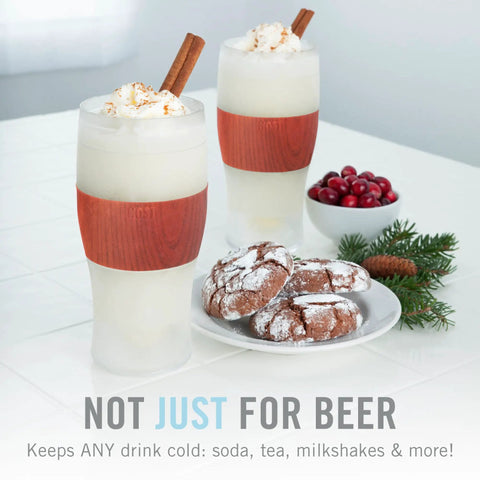 Level Up Your Chill Game With These Freezable Pint Glasses Double Walled Insulated Tumblers That Keep Beer And Iced Coffee Straight Frosty Built To Last Set Of Two Wooden Handles, featuring frosty drinks and cookies.