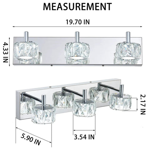 Modern LED Crystal Bathroom Vanity Lights 3 Light Chrome Stainless Steel Over Mirror Fixture for measured installation