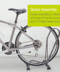 Two Pack Adjustable Floor Bike Stands For Mountain, Fat Tire And Road Bikes with tool-free setup in use.