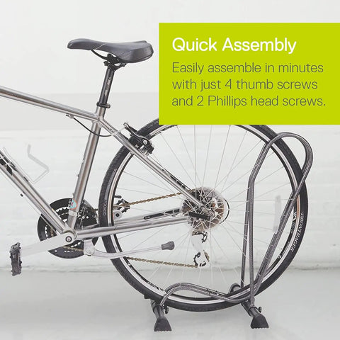 Two Pack Adjustable Floor Bike Stands For Mountain, Fat Tire And Road Bikes with tool-free setup in use.