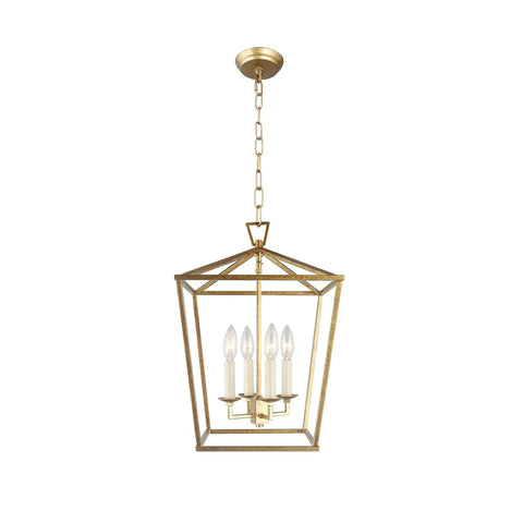 Pendant Light Lantern With Industrial Iron Art Design Vibe Four Head Candle Style Chandelier Ceiling Fixture For Hallway Kitchen Dining Room Bar Or Restaurant In Aged Gold Finish, front view