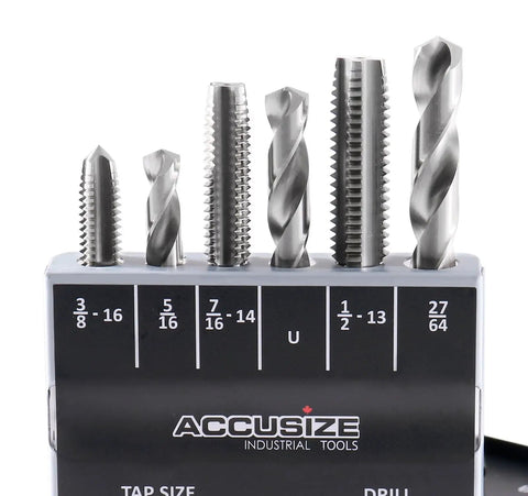 Pro Grade HSS Tap And Drill Set For UNC Threads 18 Piece Kit with various tap and drill sizes neatly displayed in a metal index.