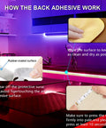 Instructional graphic showing installation process for LED Lights For Bedroom 50 Feet RGB Color Changing Strip Kit With 44 Keys Remote Controller