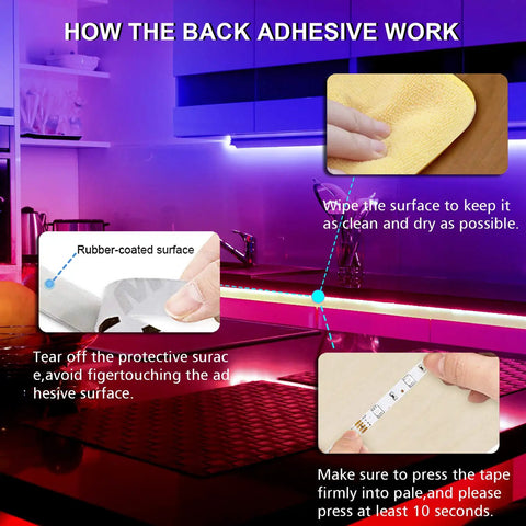 Instructional graphic showing installation process for LED Lights For Bedroom 50 Feet RGB Color Changing Strip Kit With 44 Keys Remote Controller