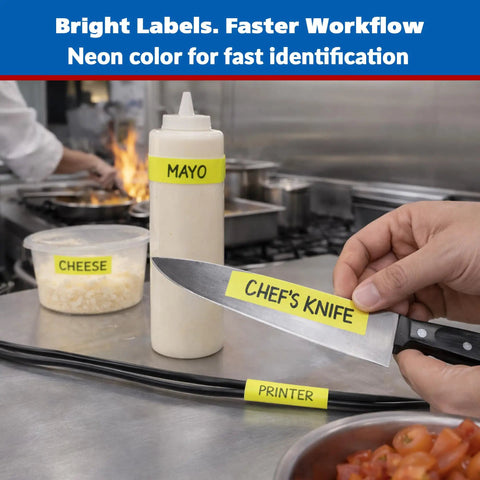 Neon Fluorescent Yellow Labeling Tape With Clean Removable Adhesive on kitchen items for clear identification