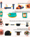 Kids Camping Set 50 Piece With Tent Space Projector Flashlight Toy Gear showing flashlight with projection functions and toy campfire with cookware.