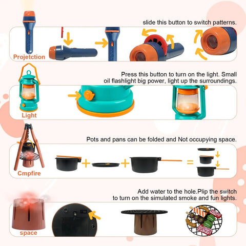 Kids Camping Set 50 Piece With Tent Space Projector Flashlight Toy Gear showing flashlight with projection functions and toy campfire with cookware.