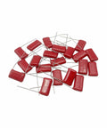 Collection of 20 Metallized Polypropylene Film Capacitors, CBB22 Style, 630V, 0.1uF 104J, P15 Case, Red Housing