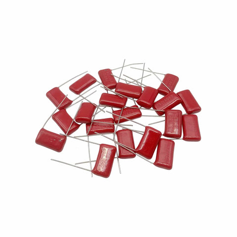Collection of 20 Metallized Polypropylene Film Capacitors, CBB22 Style, 630V, 0.1uF 104J, P15 Case, Red Housing