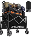 Lightweight Collapsible Wagon Cart For Easy Hauls, Compact Foldable Utility Wagon For Grocery, Camping And Sports, Simple Fold Design, Sturdy Black Frame, Smooth Push And Fold, Fits In Car Trunk filled with camping gear