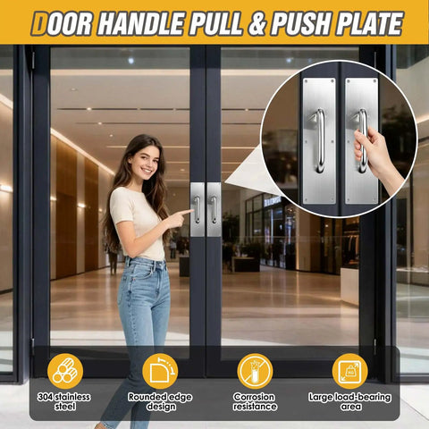Top Shelf 12 Inch Corrosion Resistant Stainless Steel Door Pull Handle And Push Plate Rounded Safety Edges For Home Entrance Or Business Lobby built to handle foot traffic.