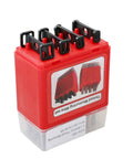 US And Metric Thread Measuring Wire Set With Wire Holders For External Threads 3 Wire Method 48 Pieces In 16 Sizes Measures 3 To 48 TPI And Half Millimeter To Six Millimeter Pitch Case Included EG06 1002 displayed in red and clear case