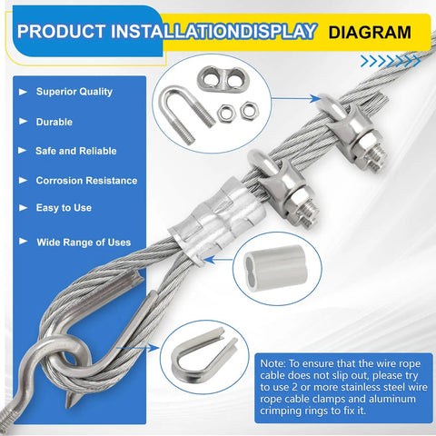 Heavy Duty Three Sixteenth Inch Galvanized Steel Wire Rope Kit, 150 Feet, 7x7 Construction With Stainless Clamp, Thimbles And Crimp Loop Sleeve