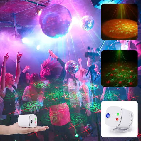 Sound Activated Laser Party Lights For DJs And Home Parties, RG Sunset Light Effect with 7 colors in disco setting, handheld view