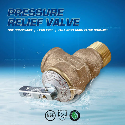 Midline Valve GUHW-QSW256 pressure relief valve, forged brass, 3/4 in FIP x MIP for tankless water heater, side view
