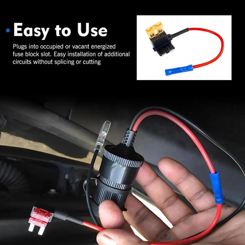 Tailgate Ready 8 Pack Car Fuse Tap Adapters For 12 Volt Electrical Systems showcasing a fuse tap installed in a vehicle's wiring.