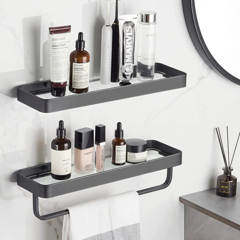 Two Tier Wall Mounted Glass Bathroom Shelves With Floating Tempered Glass Design Rustproof Black Finish Easy Install Durable