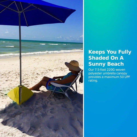 Beach scene with All-In-One Beach Umbrella System With Ultra Base Deep Ocean Blue Seven Point Five Foot Canopy Sand-Ready Shade