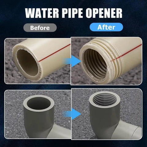 2 Piece PVC Pipe Threader Kit For DIY Home Plumbing, Pipe Tapping And Threading Tool, Quick Stripped Thread Repair In Minutes, Extracts Damaged Threads Safely For Faucets, Sinks, And Wall Pipes. before and after PVC pipe threading example