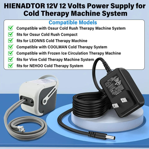 12V Cold Therapy Charger Power Cord Replacement For Ossur Cold Rush Compact And Polar Active Ice 3.0 Circulating Machines OasisSpace Cold Therapy Units COOLMAN LEONNS Vive And More AC DC Adapter visible with compatible devices list and adapter details.