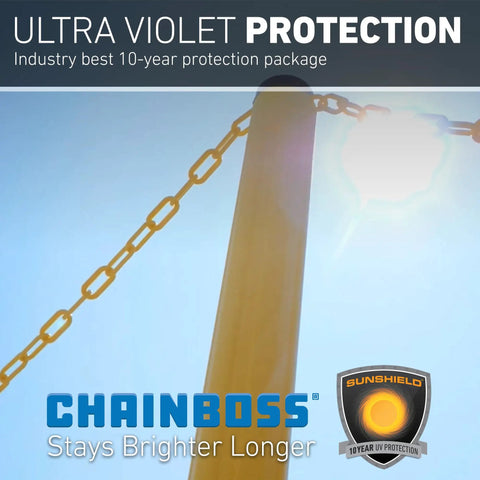 2 Inch By 100 Foot Yellow Plastic Safety Chain With SunShield UV Resistant Technology outdoors around a post