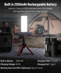 Magnetic Handheld RGB Light Wand With 360 Degree Color on a table with a camping backdrop, showing 2500mAh battery feature.