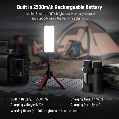 Magnetic Handheld RGB Light Wand With 360 Degree Color on a table with a camping backdrop, showing 2500mAh battery feature.