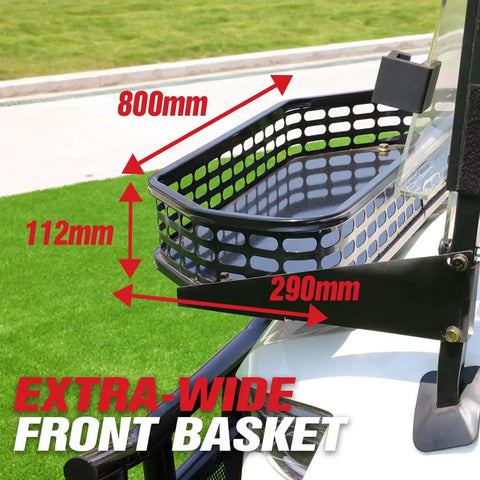 Extra-wide front basket on Six Seater Electric Golf Cart With 60V 105Ah Battery And Advanced Suspension, measuring 800mm x 290mm.